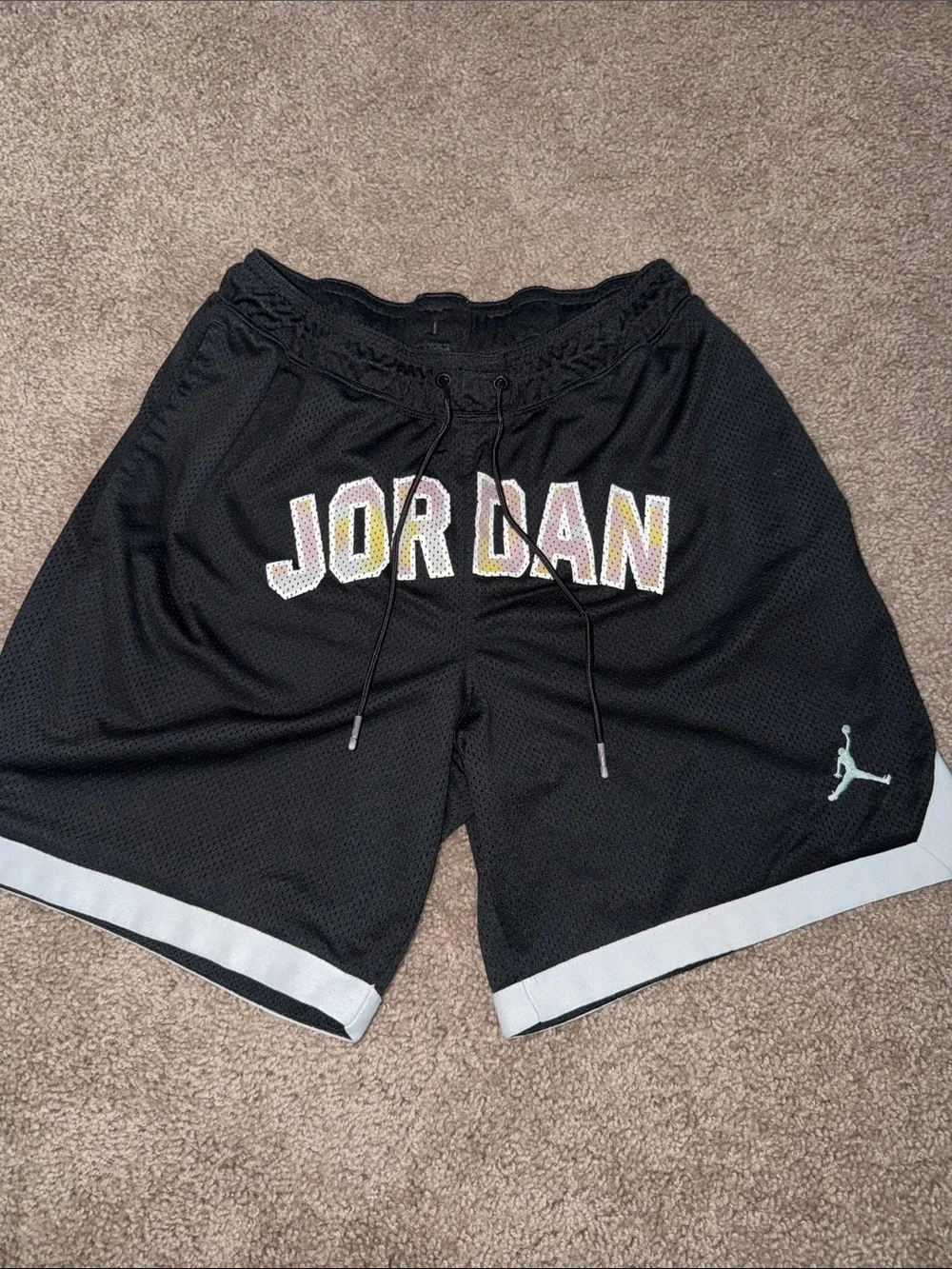 Jordan Men’s Black Athletic Shorts with White Trim and Multicolor Lettering